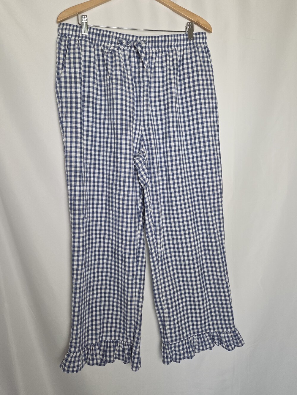Blue & White Gingham Cotton Pants Ruffle Hem